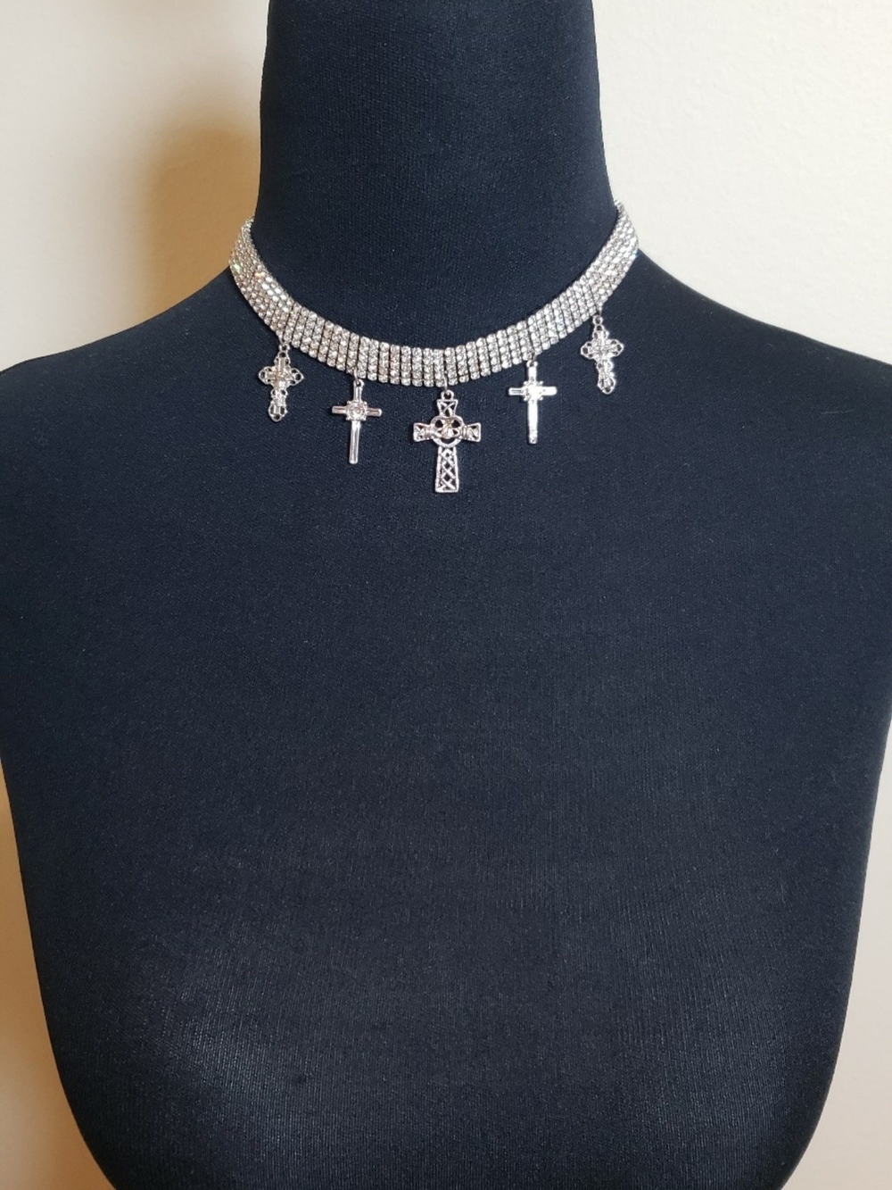 Rhinestone  Cross Charm Choker Necklace